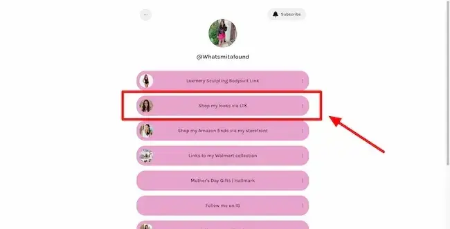 screenshot showing fashion blogger smita patels ltk page linked on her profile.
