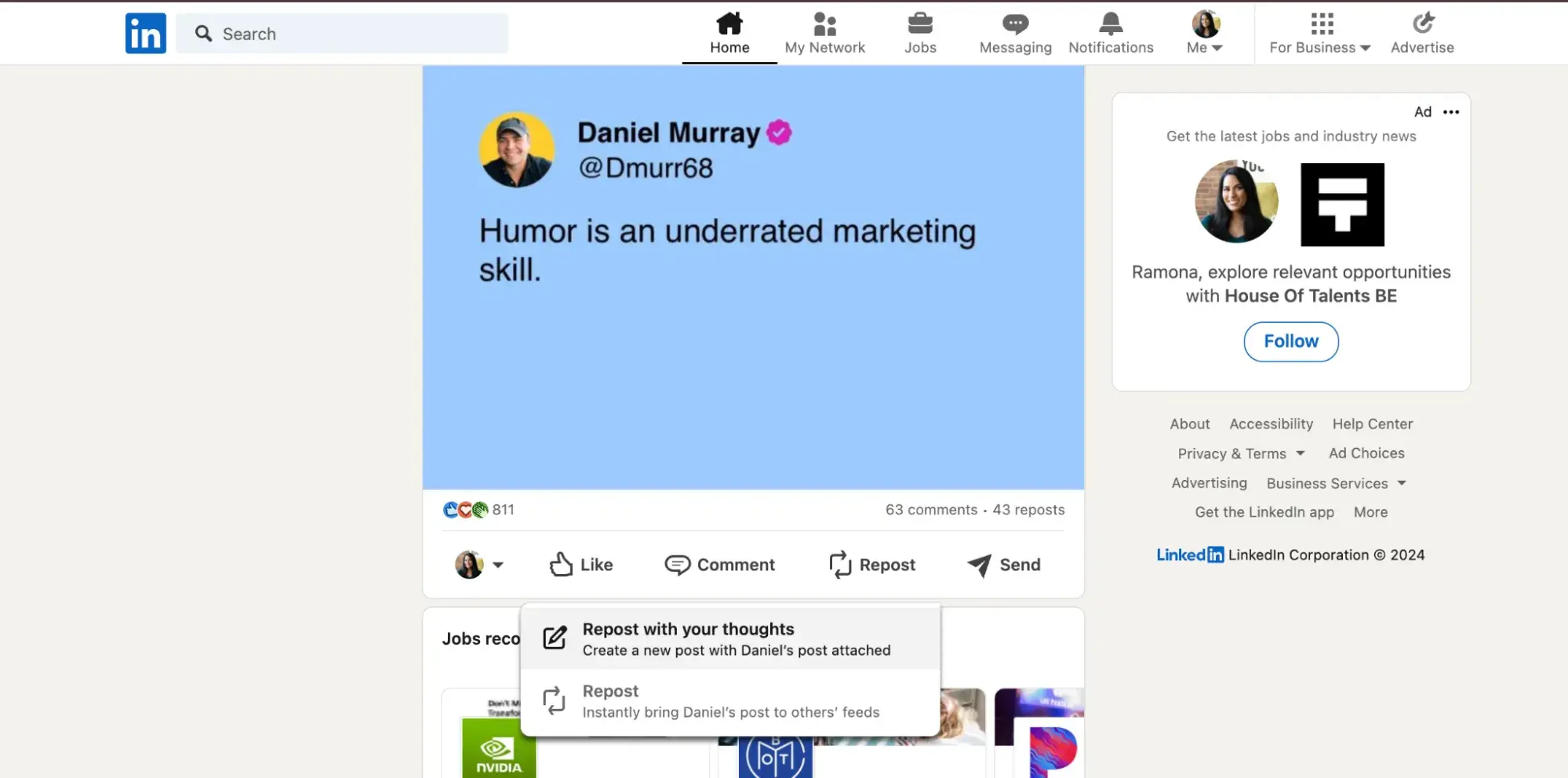 screenshot showing linkedins repost button on the platform.