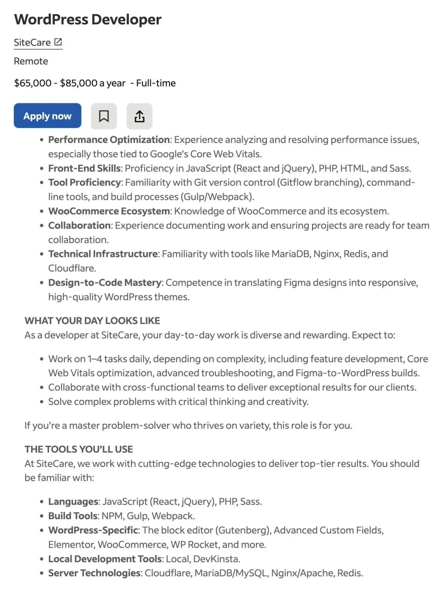 what is wordpress developer job description like from sitecare's indeed listing.
