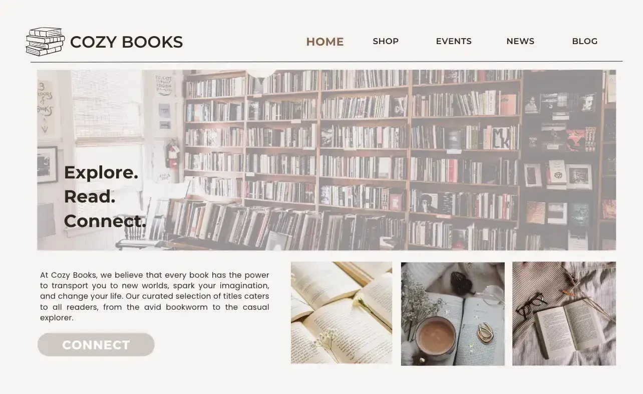 the completed cozy books website built from scratch with images and copy added
