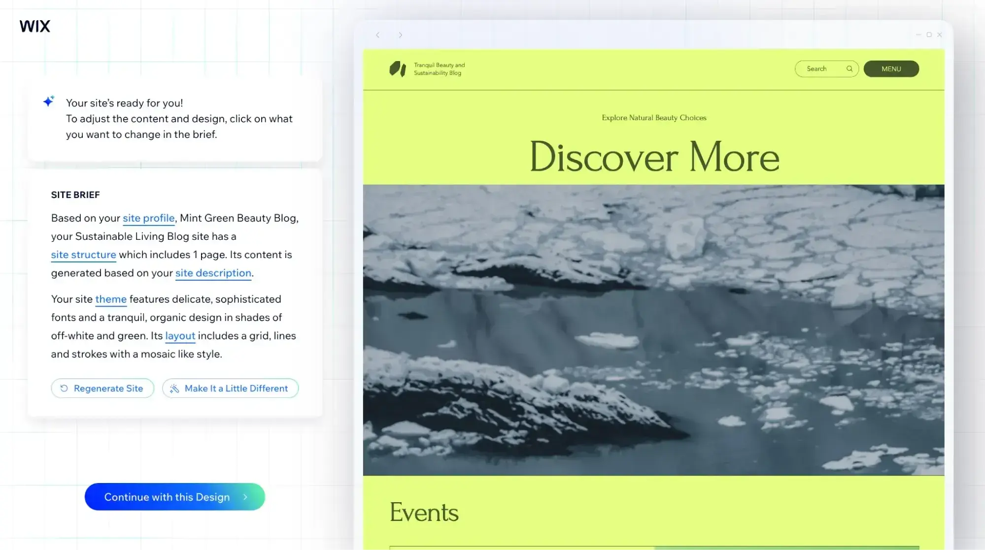 a beauty blog built by wixs ai website builder showing a neon green background and a hero image of melting ice