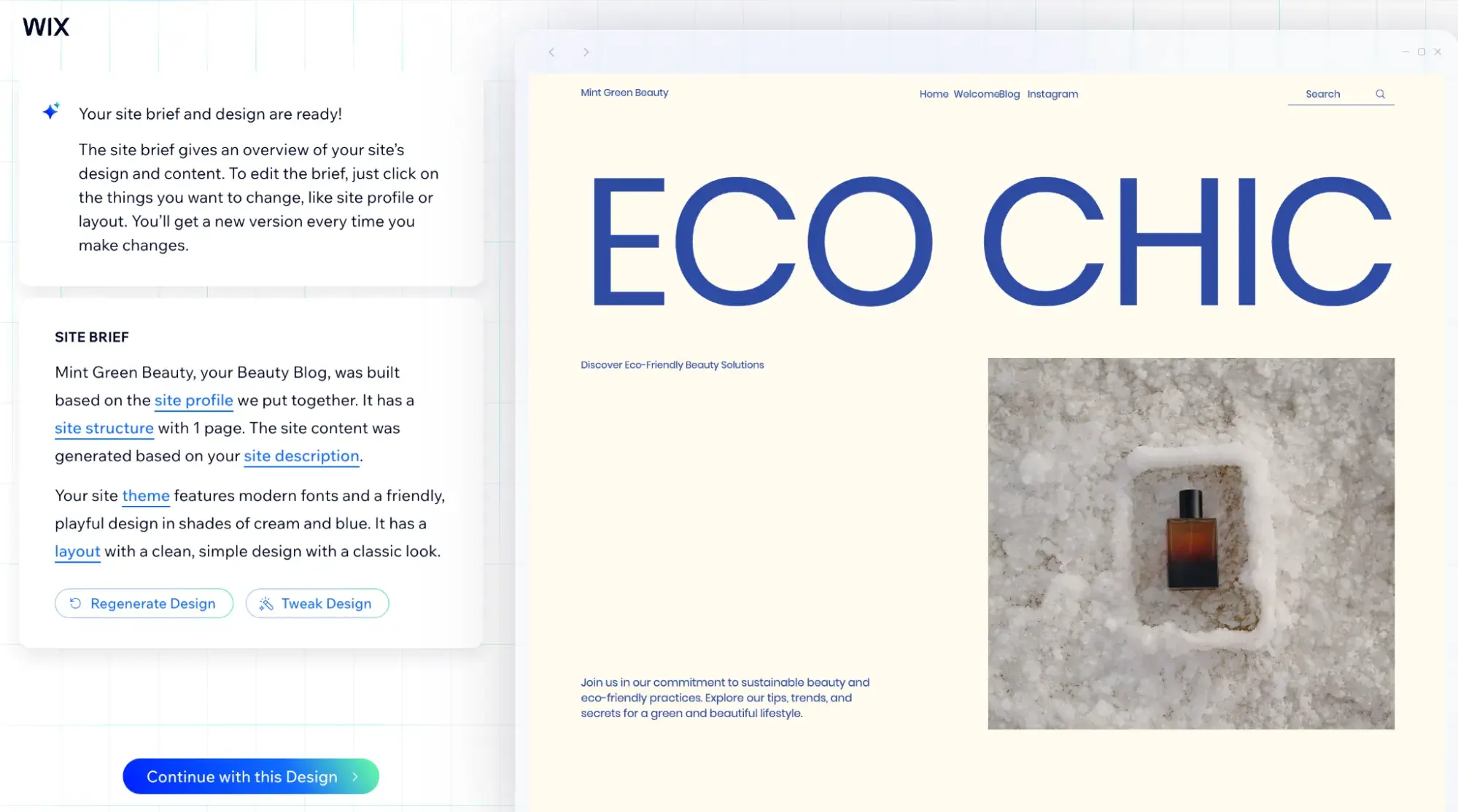 another beauty blog built by wixs ai website builder, showing a cream-colored background and an image of a beauty product bottle