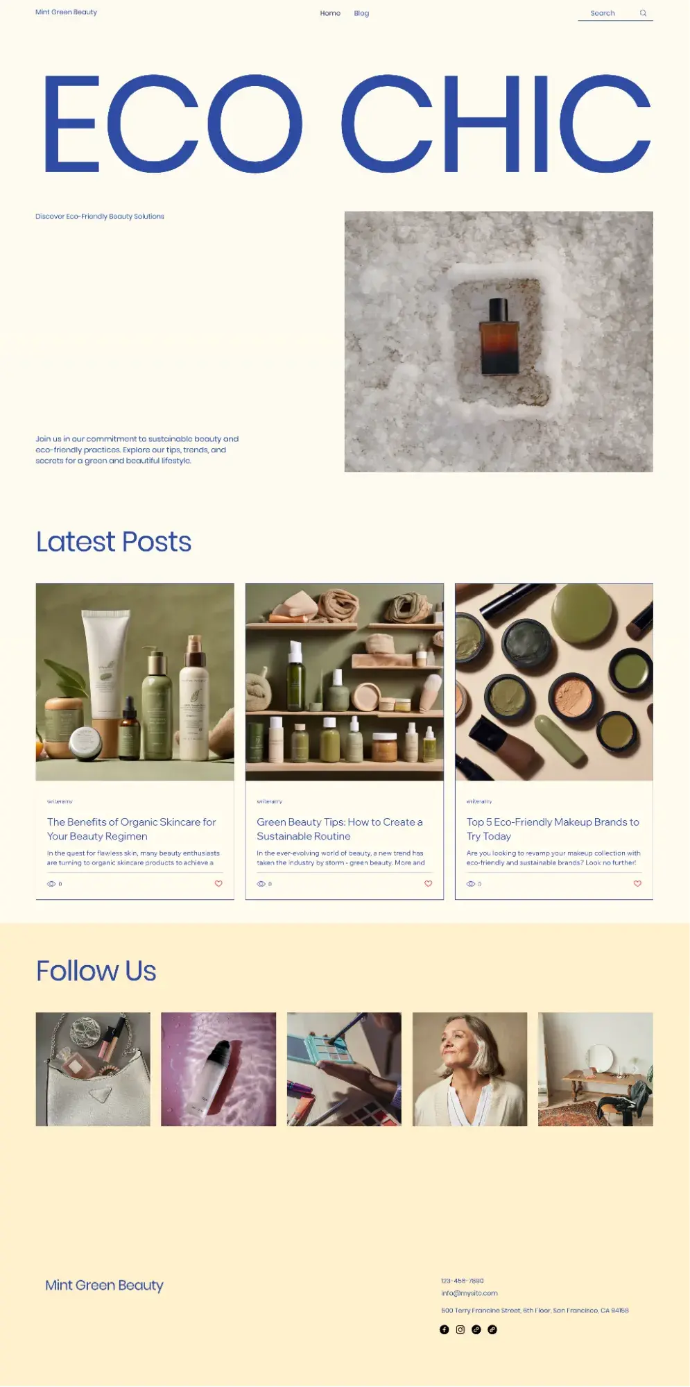 the full homepage built by wixs ai website builder, showing a beauty blog called eco chic with images of beauty products