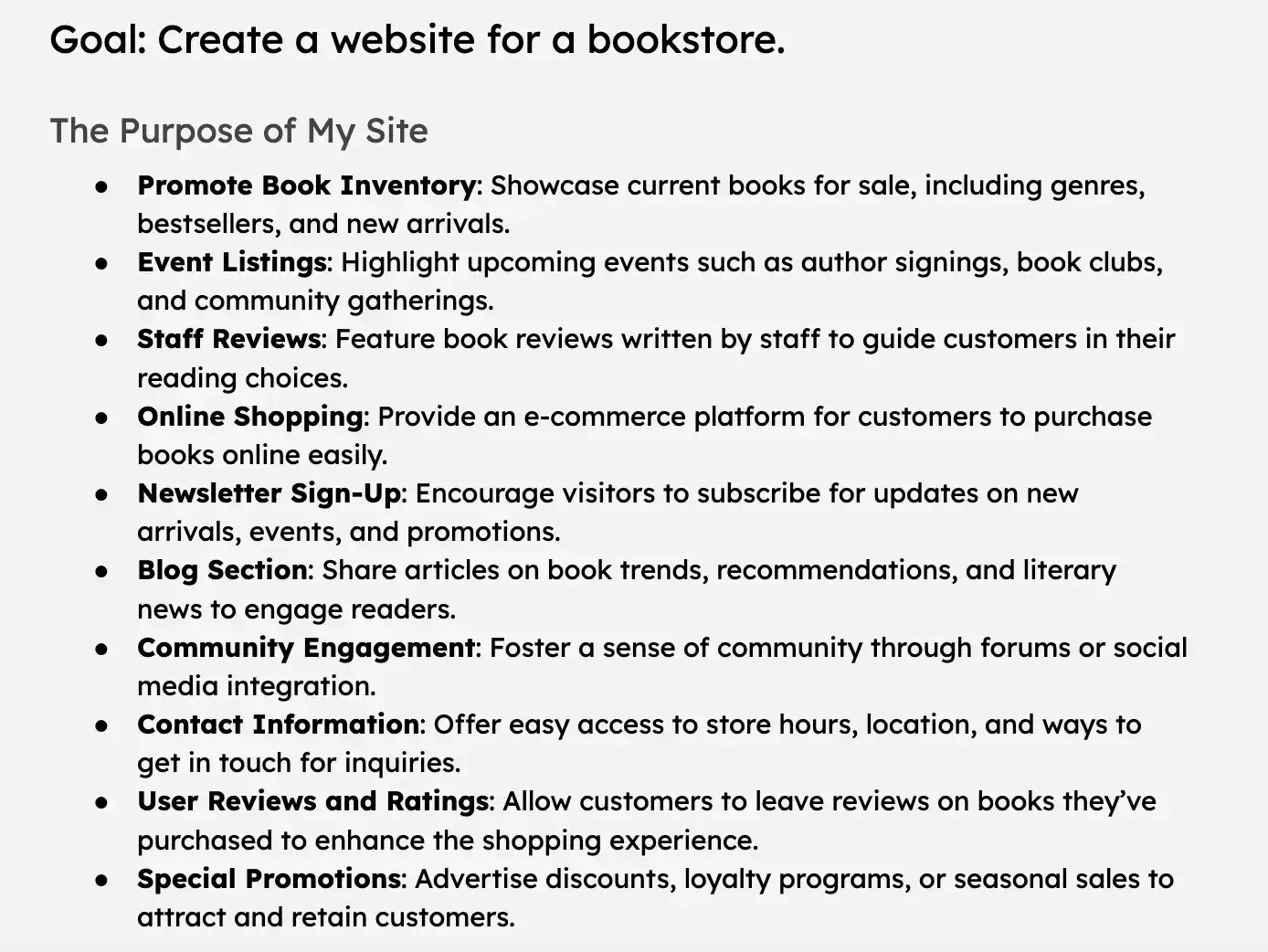 how to build a website from scratch: a bulleted list describing the purpose of my site