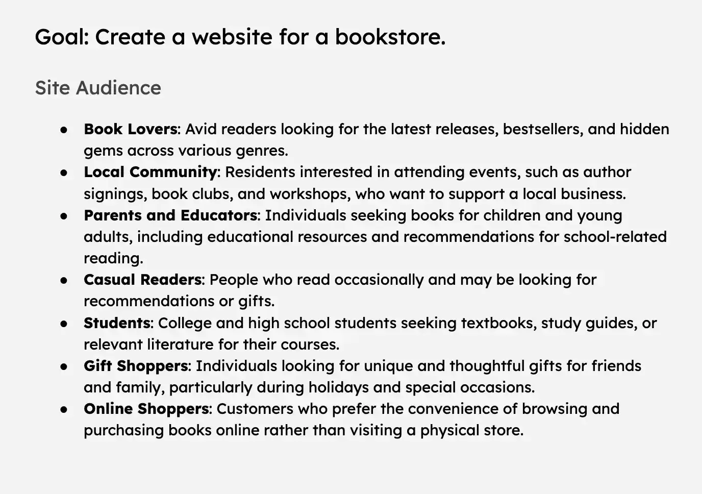 how to build a website from scratch: a bulleted list defining my sites audience