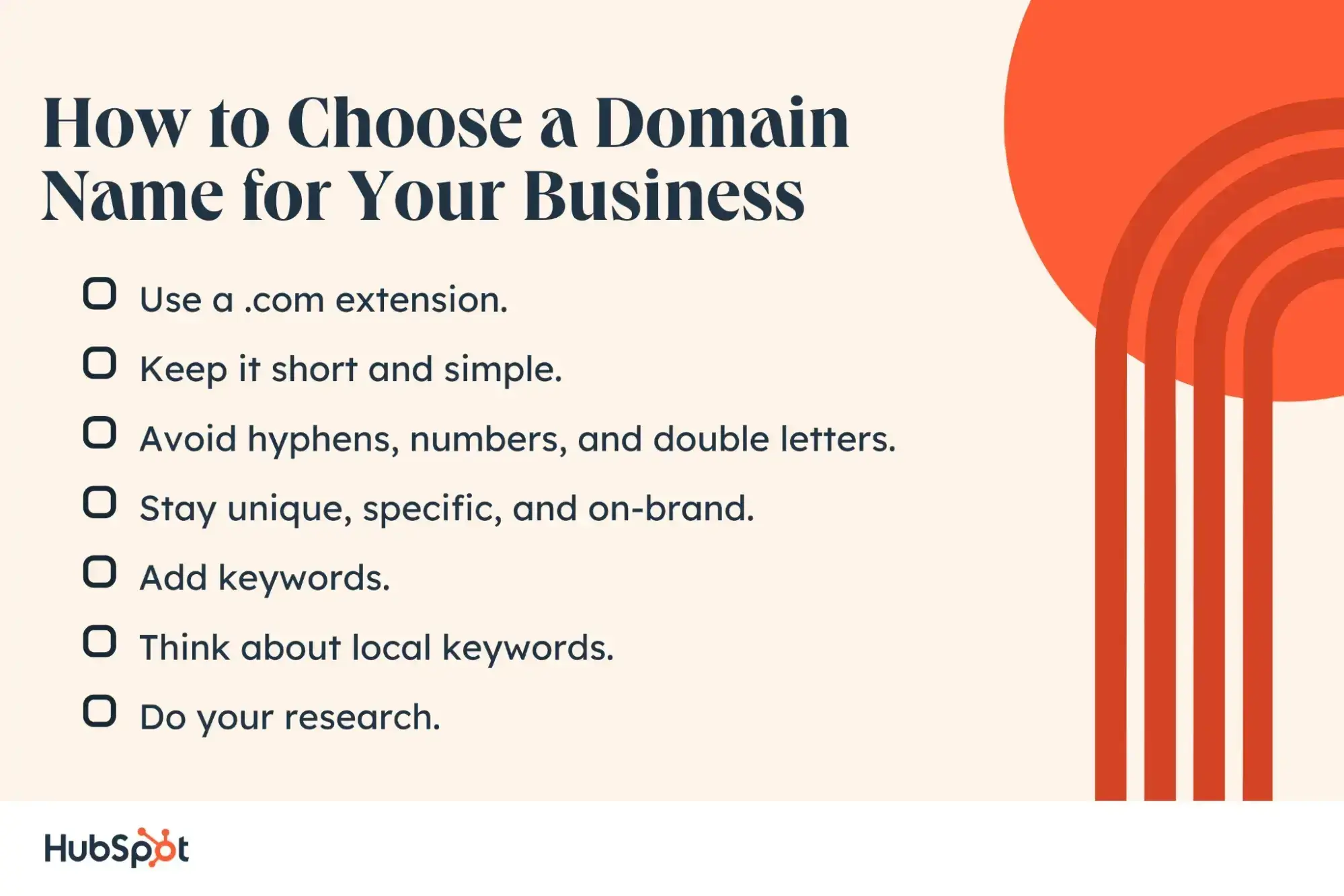 graphic for how to choose a domain name for your business with 7 list items