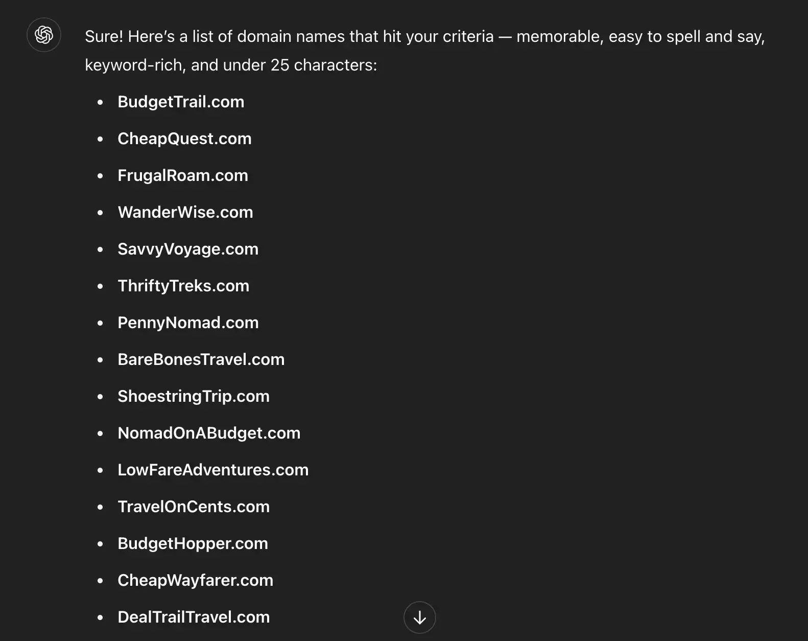 chatgpt output with a list of travel domain name ideas