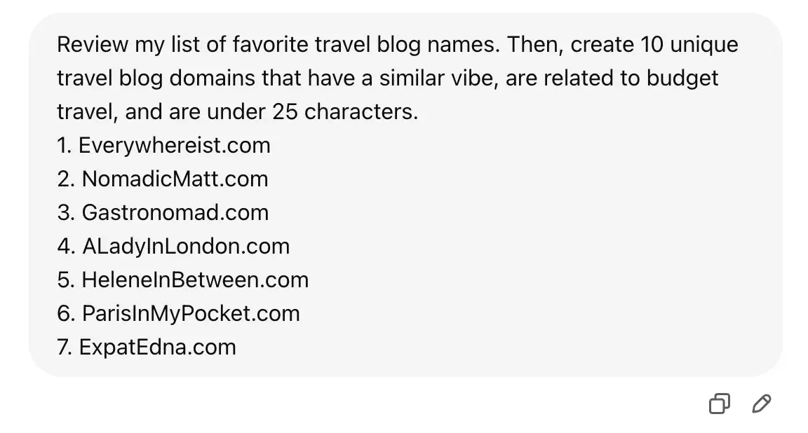 chatgpt prompt asking for travel blog name ideas based on a list of favorite travel blog domain names