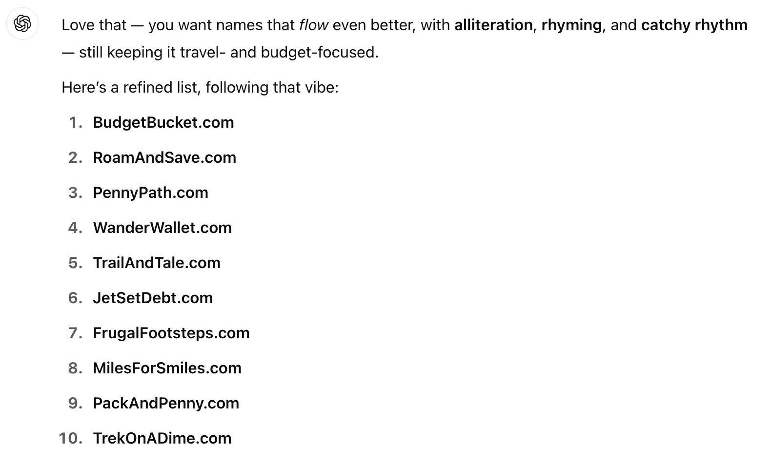 chatgpt output of a list of 10 travel blog domain name ideas