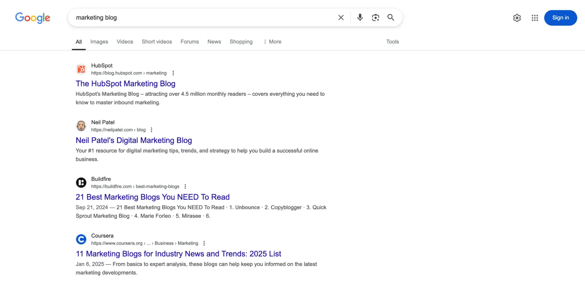 google search results for marketing blog with hubspot as the number one result