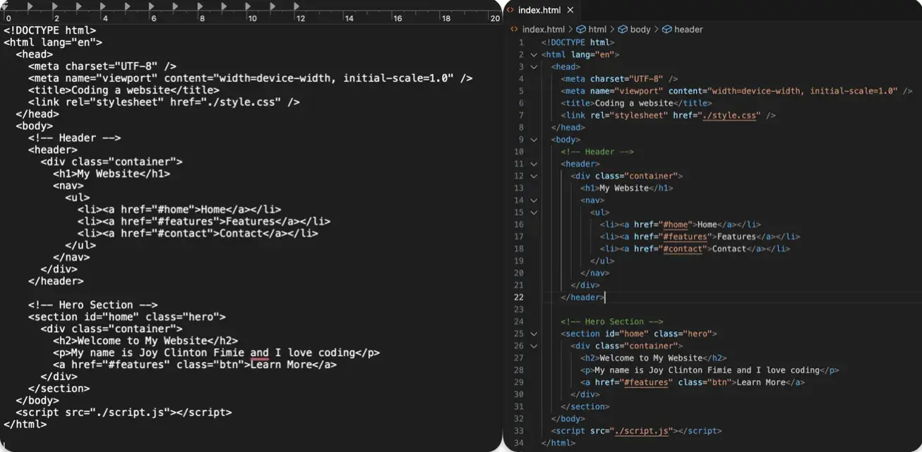 how to code a website: a comparison of a regular text editor with a code editor.
