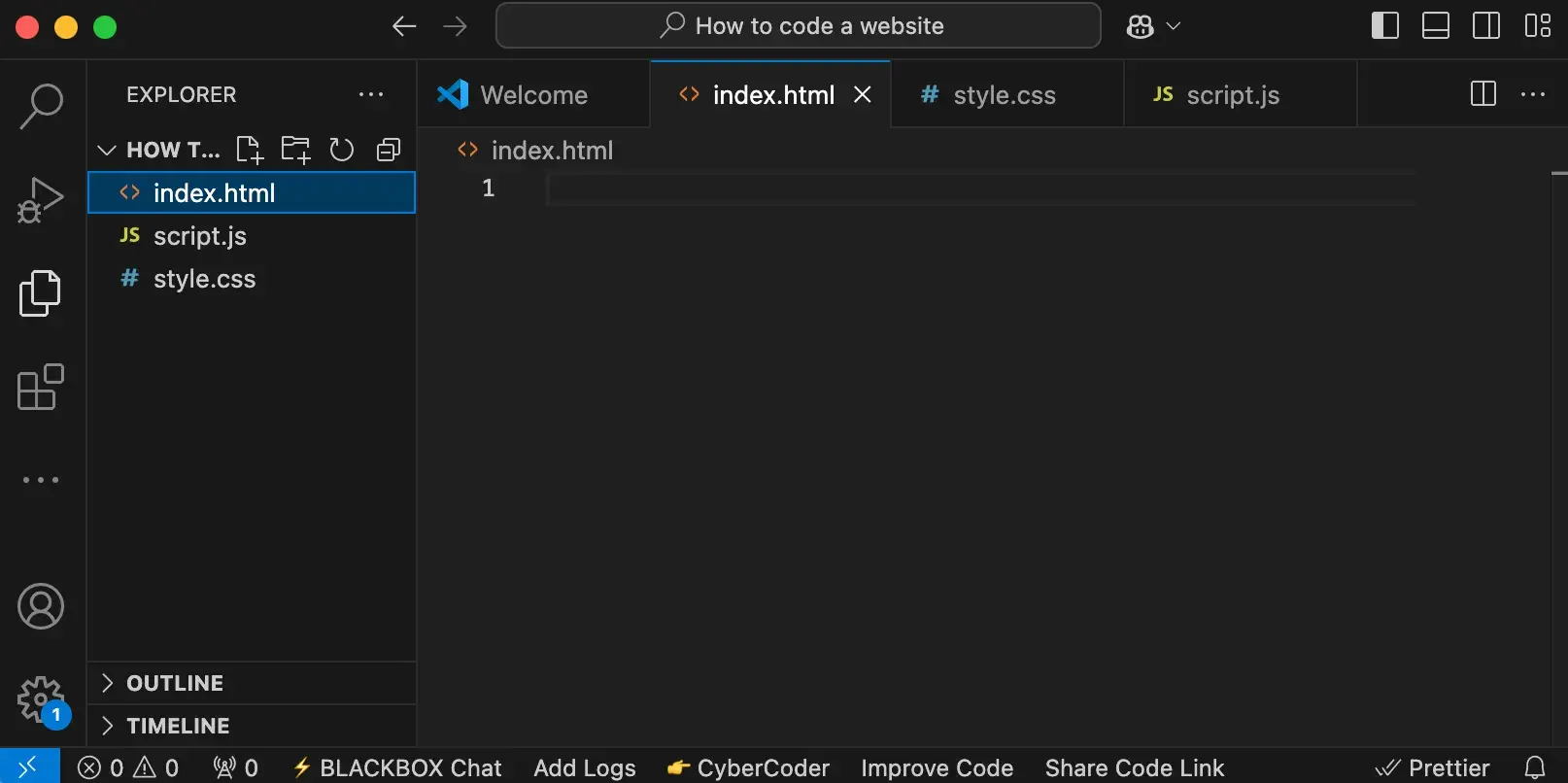 how to code a website: visual studio code (fundamental files created)