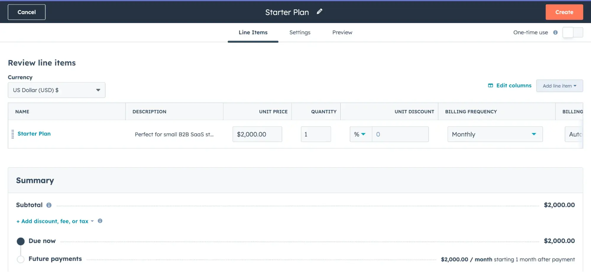 reviewing line items in hubspot payment link