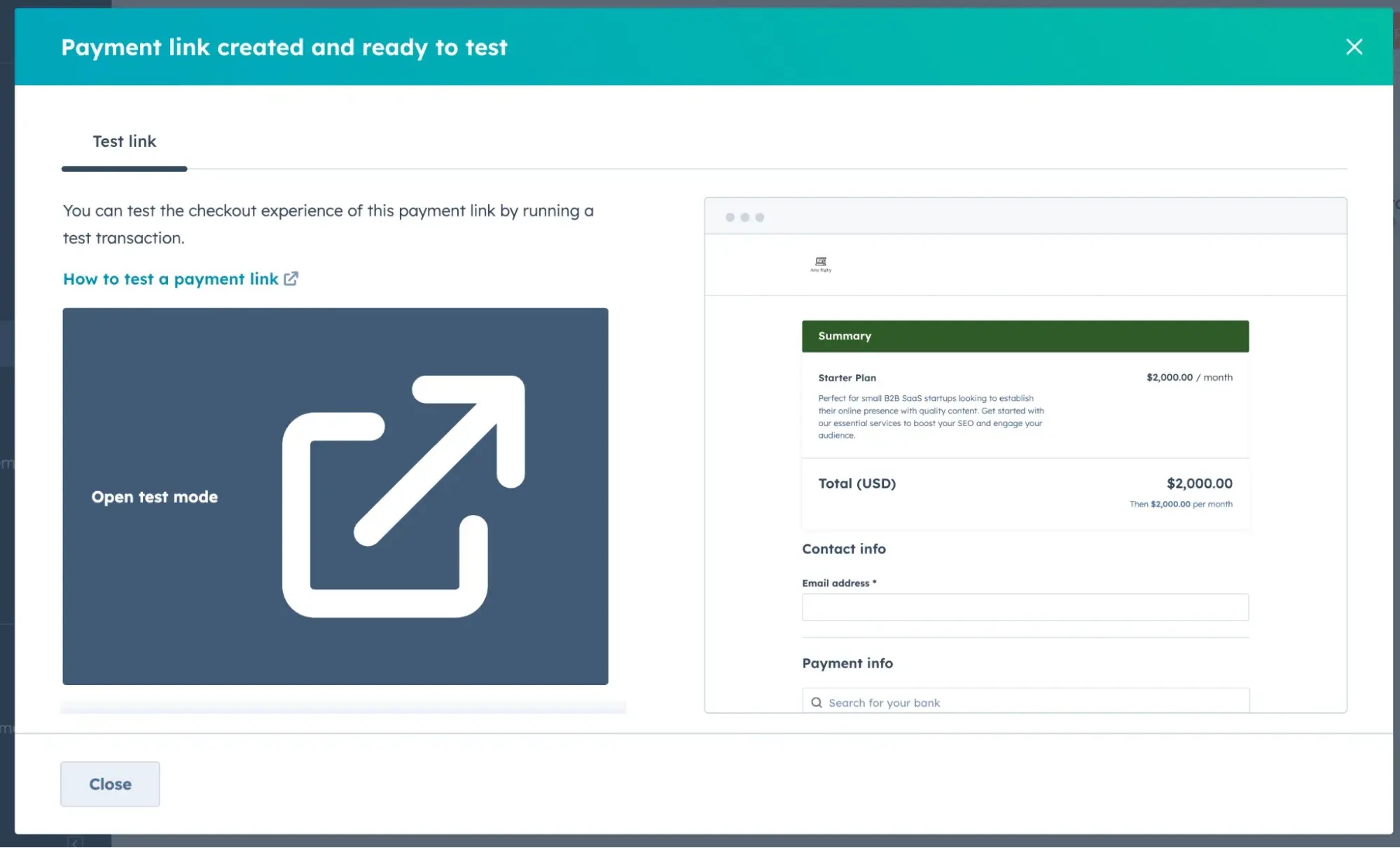 confirmation that the payment link has been created and is ready to test