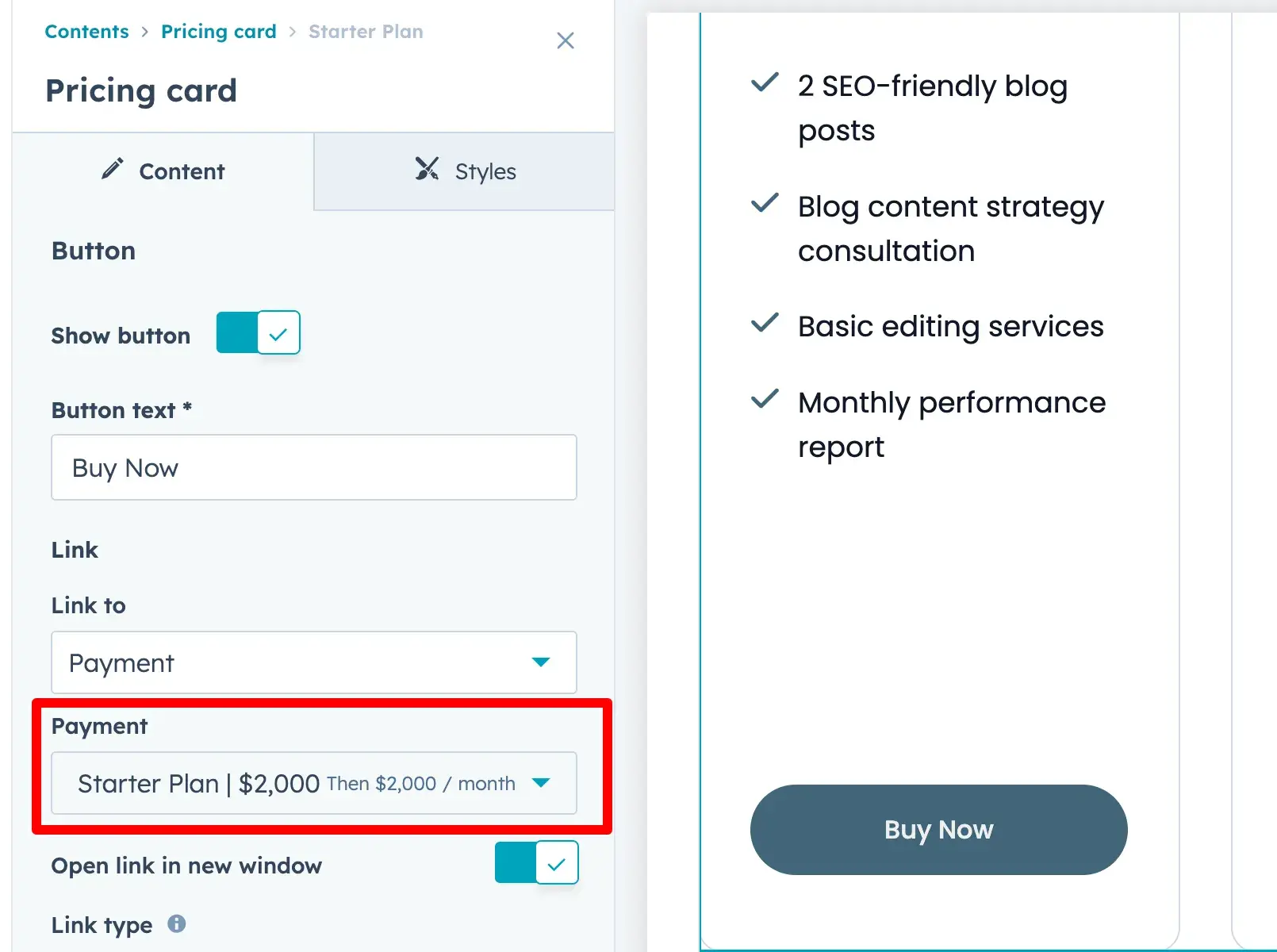 hubspot website editor showing selected payment link under the payment dropdown menu