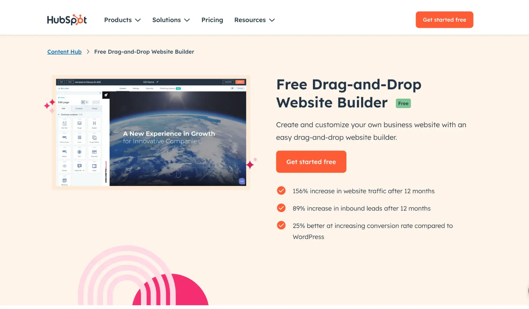 hubspots free drag-and-drop website builder landing page