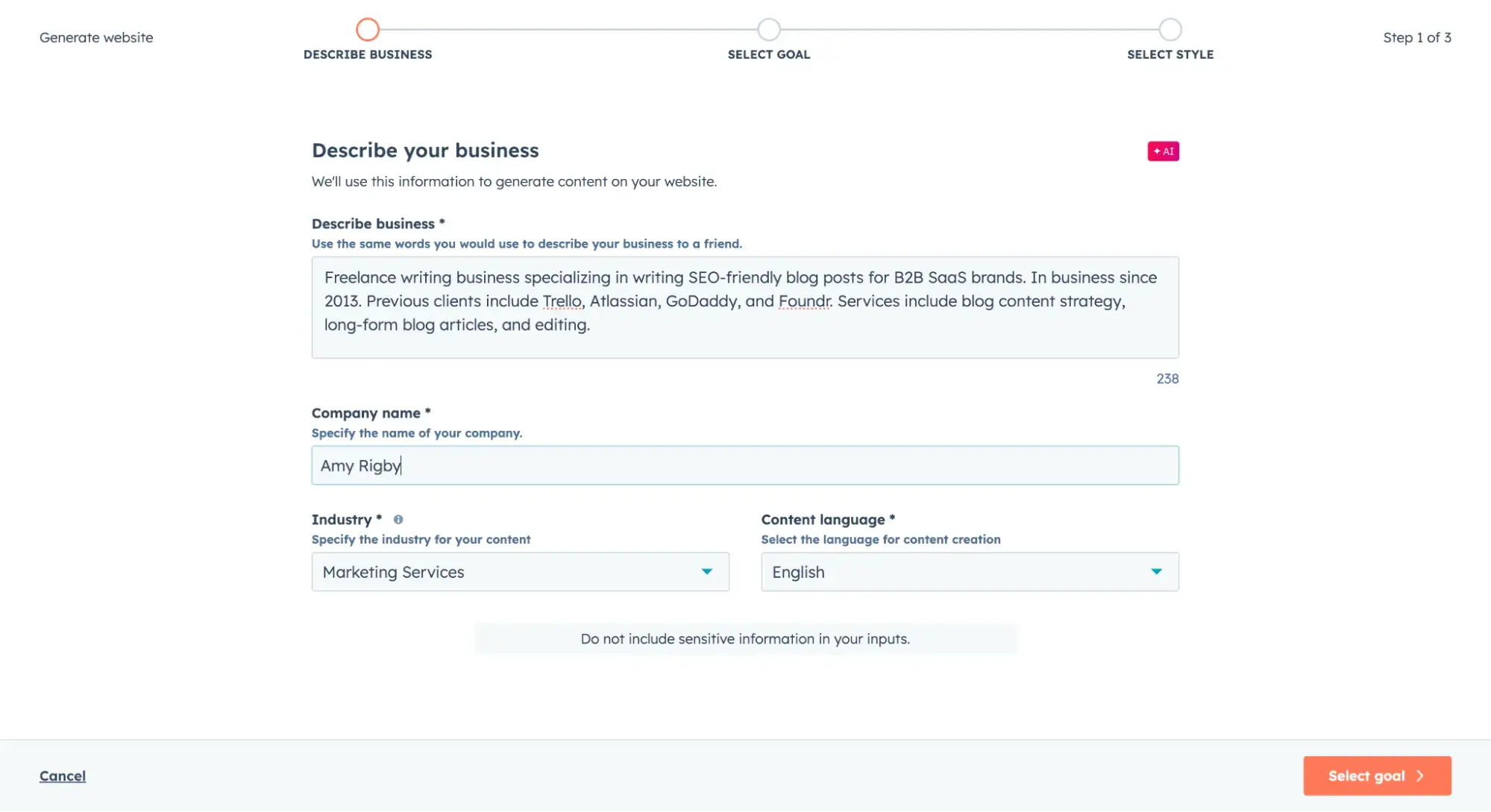 hubspot ai website builder with prompt about freelance writing business