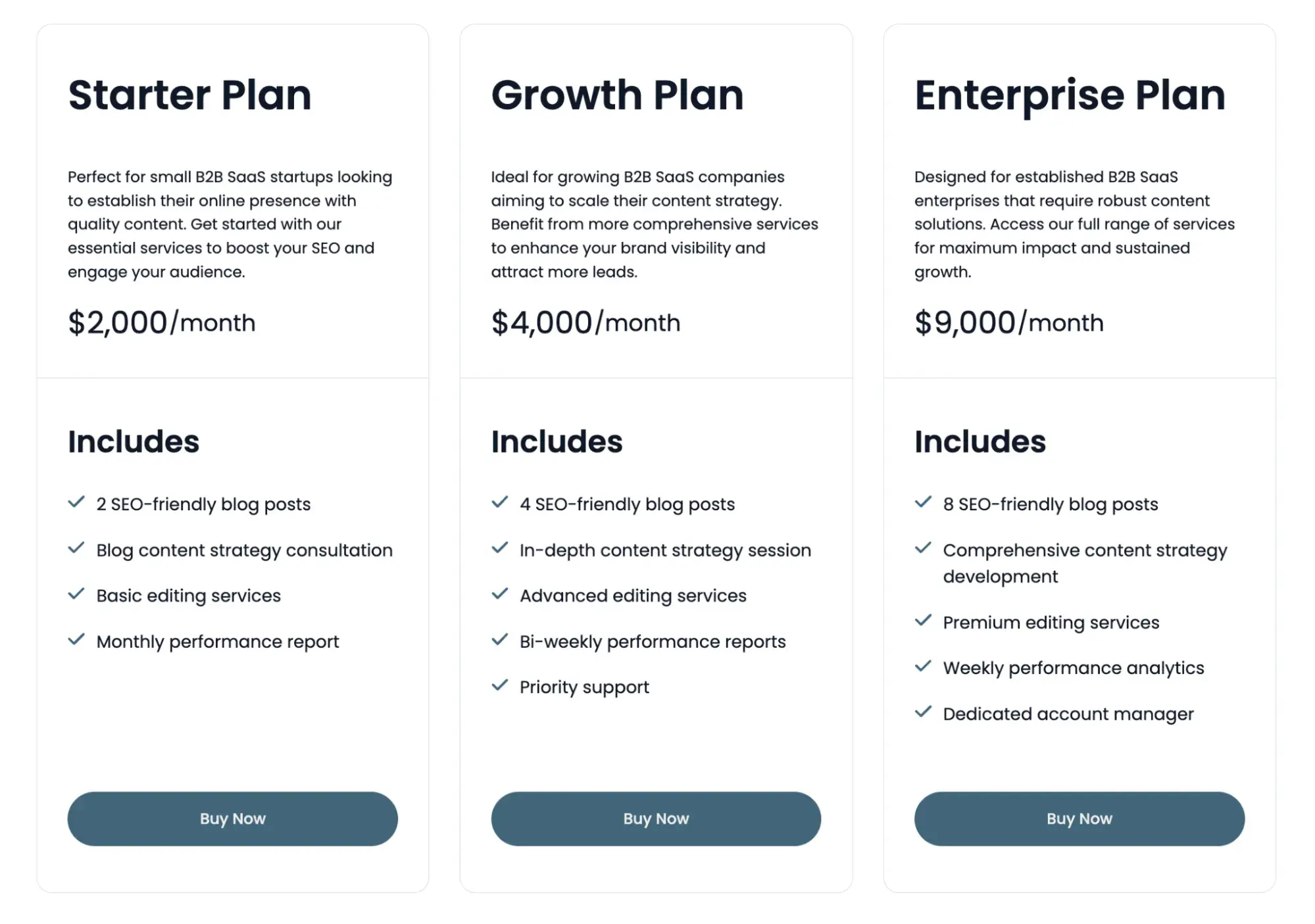 three pricing plans on a website