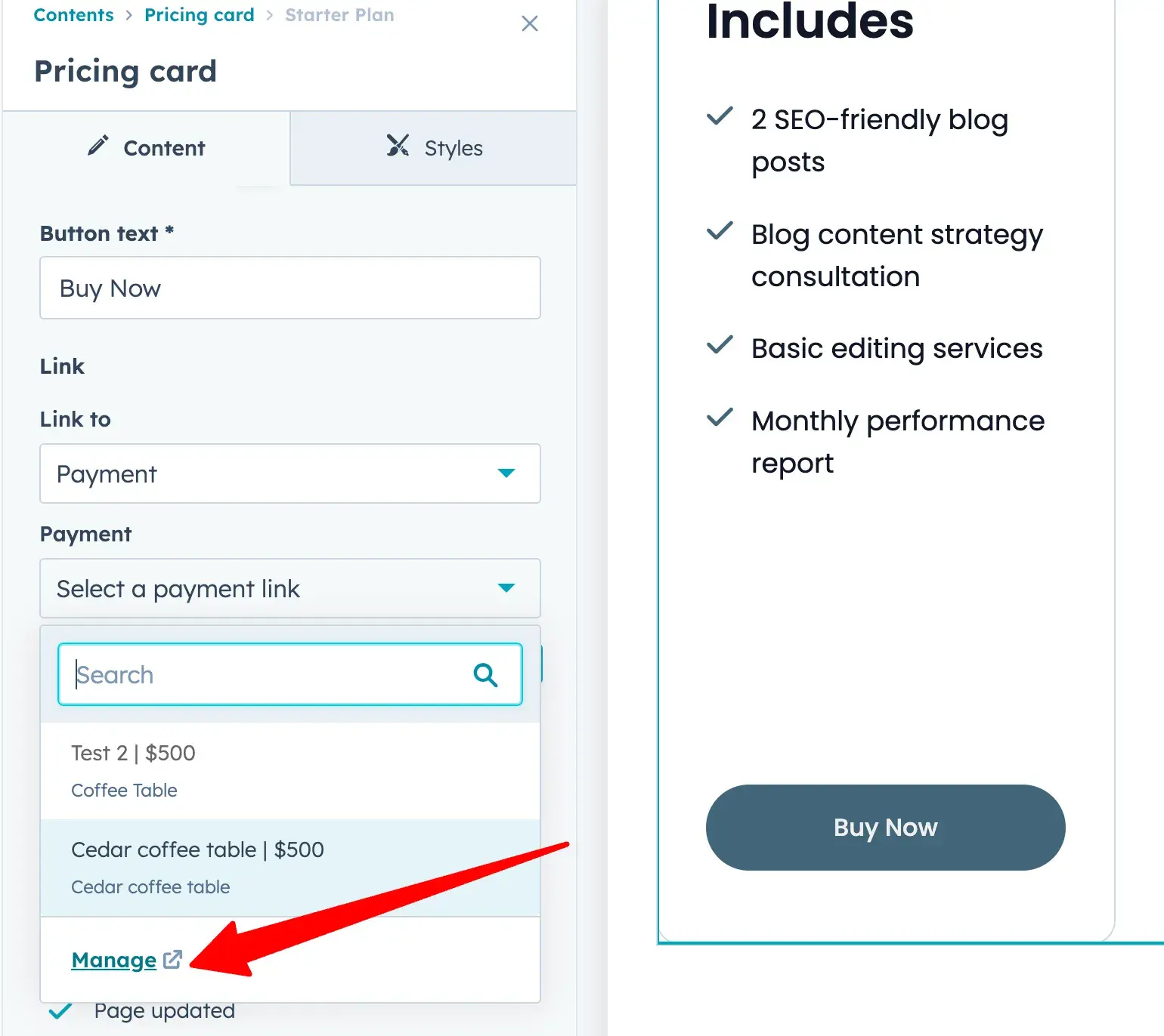 red arrow pointing to the manage link