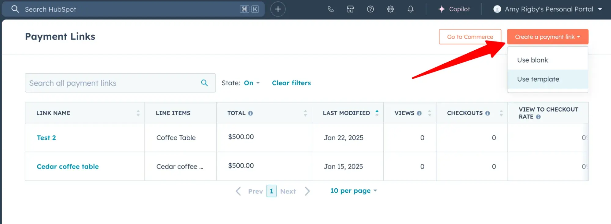 red arrow pointing to the create a payment link button