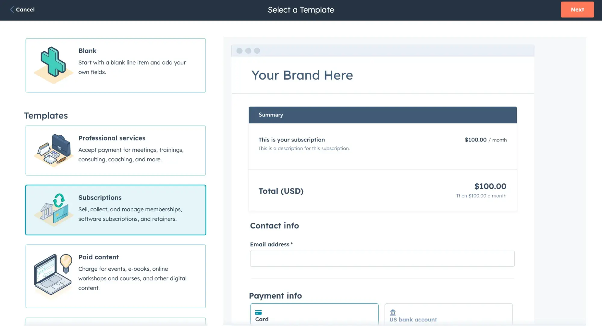 select a template screen in hubspot payment links