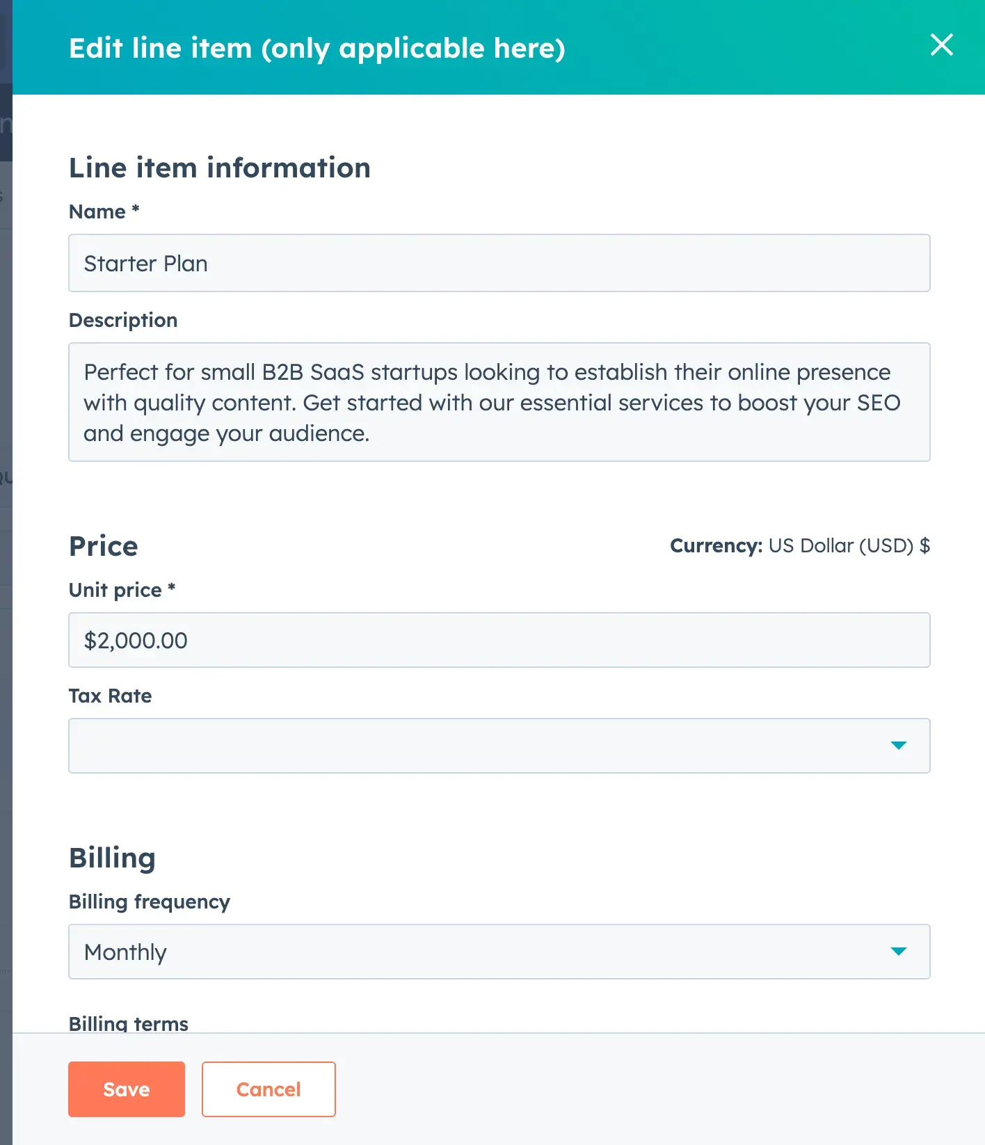 editing the line item of a hubspot payment link