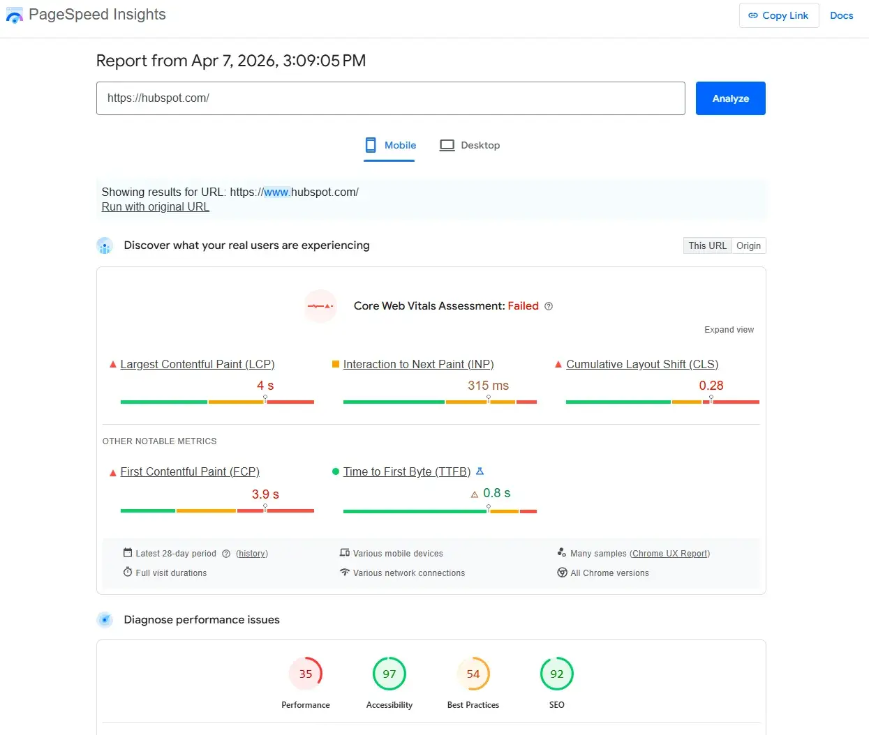 screenshot from google page insights