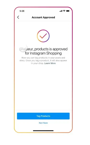 Screenshot showing the message youll see when you turn on Instagram Shopping tools. 