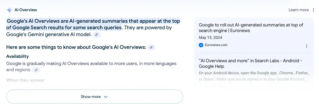 How to get your website noticed on google: Example image of Googles AI overviews. The content of the overview is related to Googles AI Overviews and includes a definition of the overviews and two sources on the right.