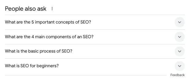 How to get your website noticed on google: Image of the People also ask section of the Google search page. It includes four questions related to the initial search with dropdowns.