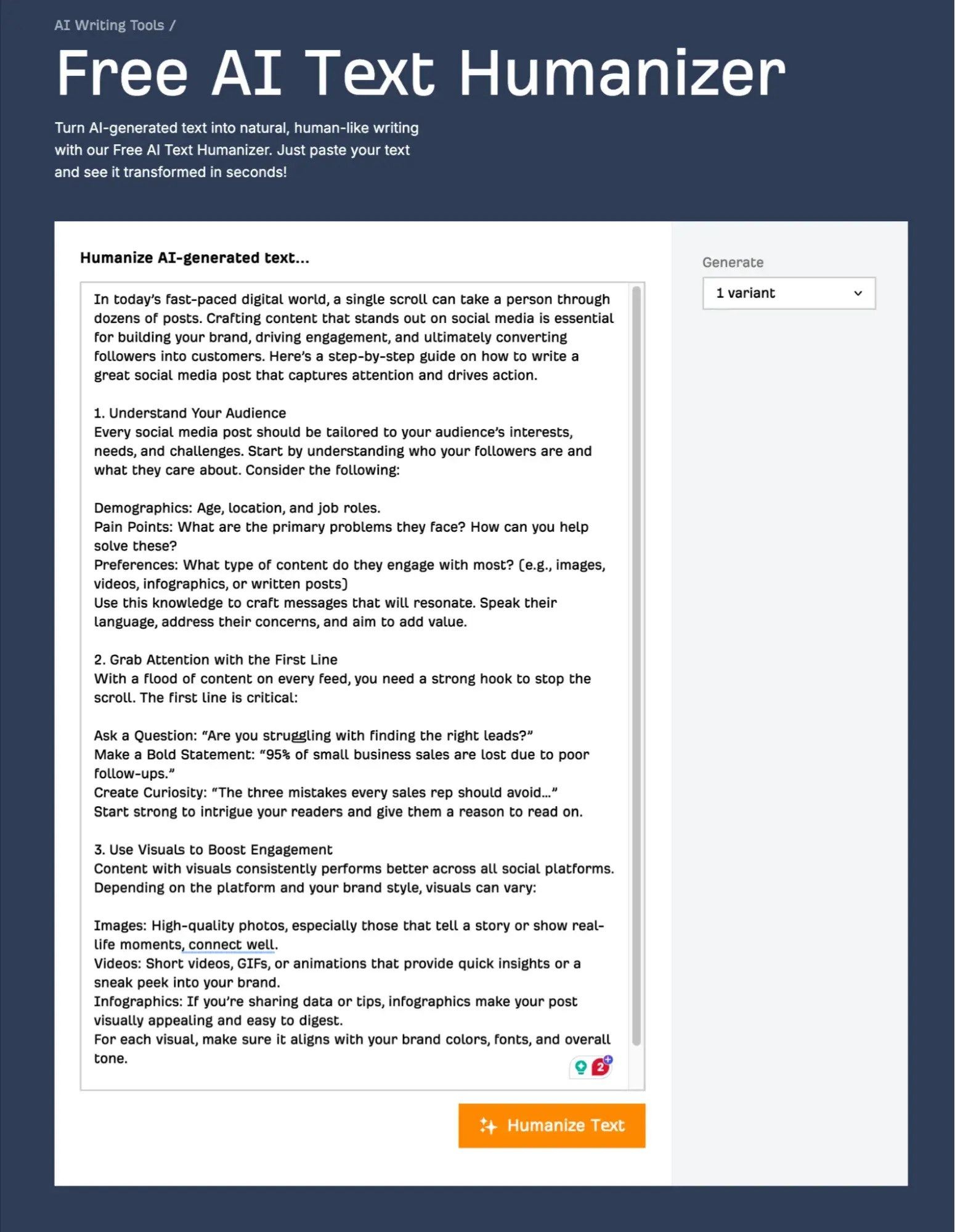 Screenshot showing Ahrefs free AI text humanizer tool.