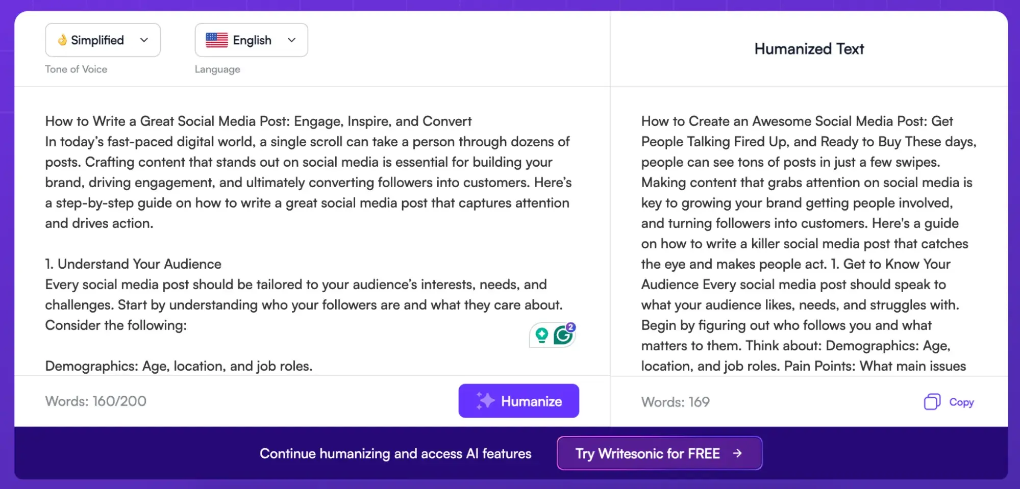 Screenshot showing the results of Writesonics AI humanizer in the simplified tone of voice.