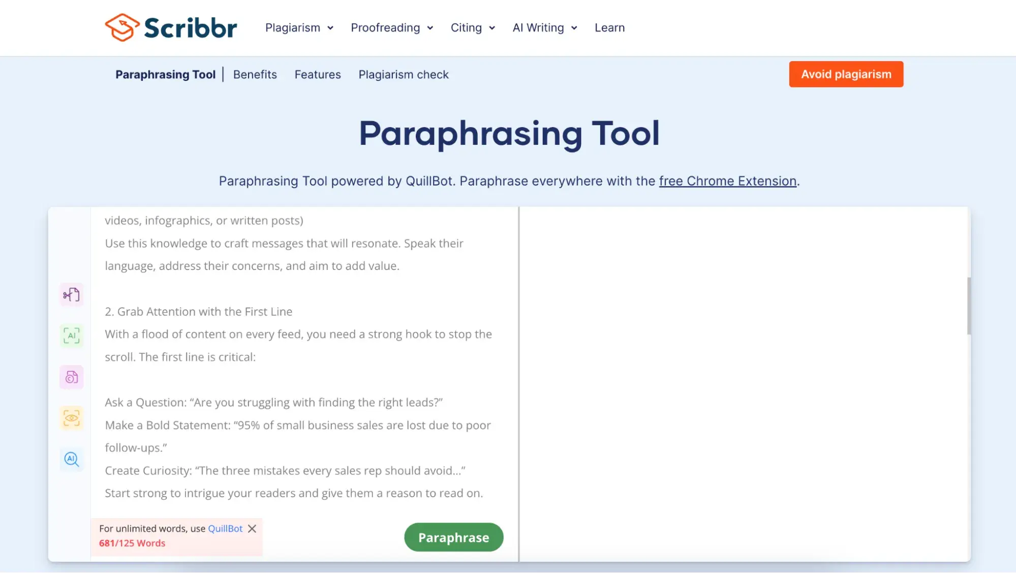 Screenshot showing Scribbrs free paraphrase tool.