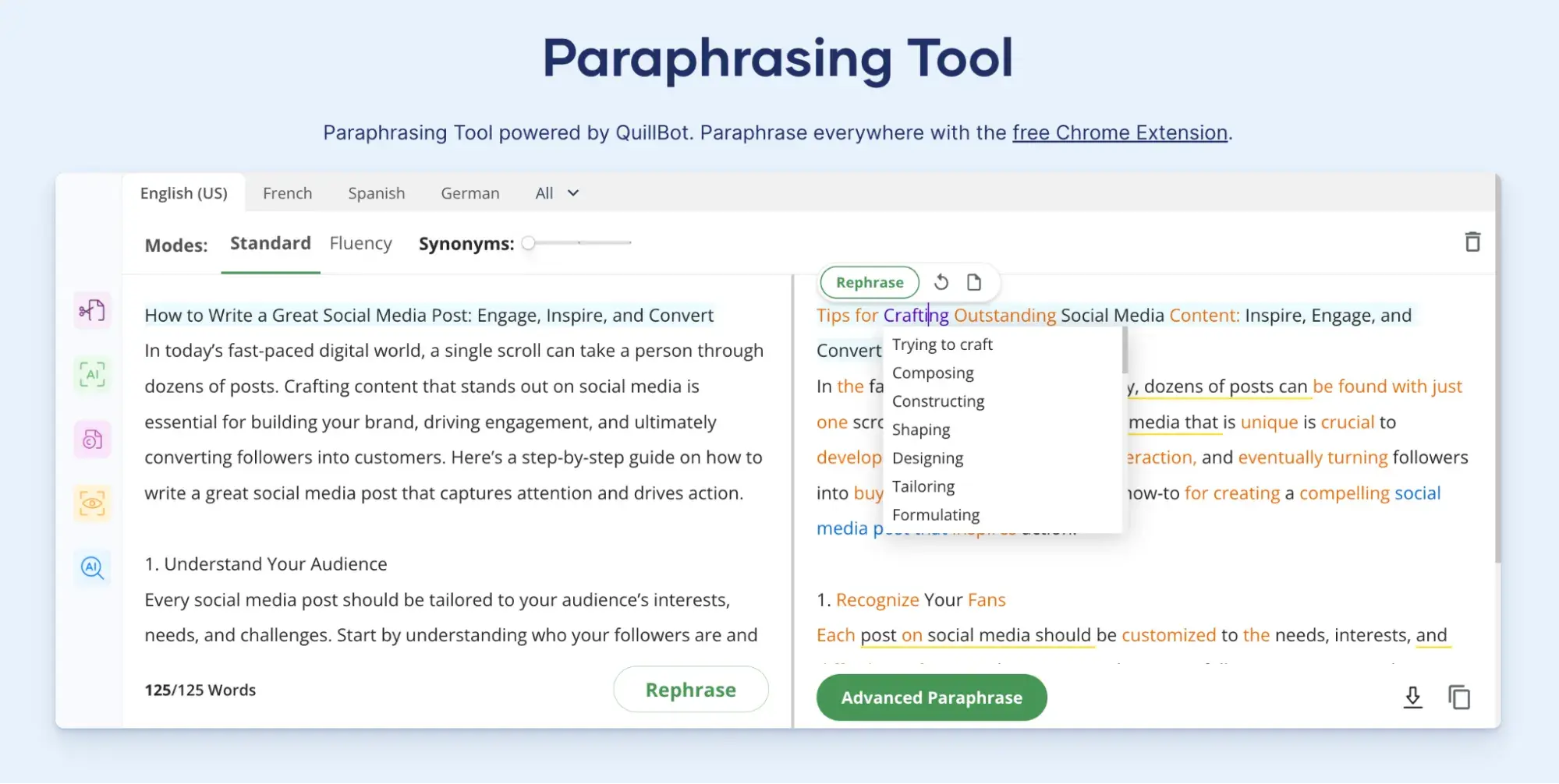 Screenshot showing the rephrase options in Scribbrs free paraphrase tool.