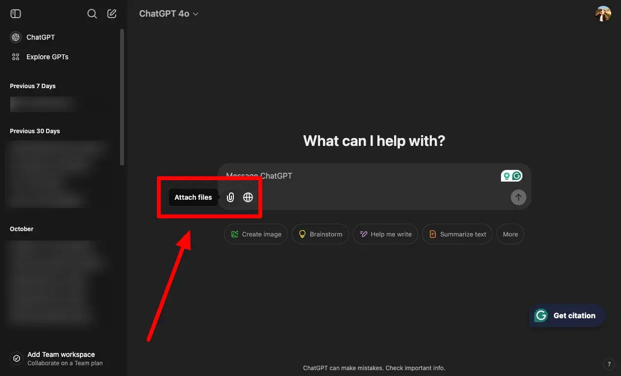 Screenshot showing ChatGPTs file upload and link sharing options