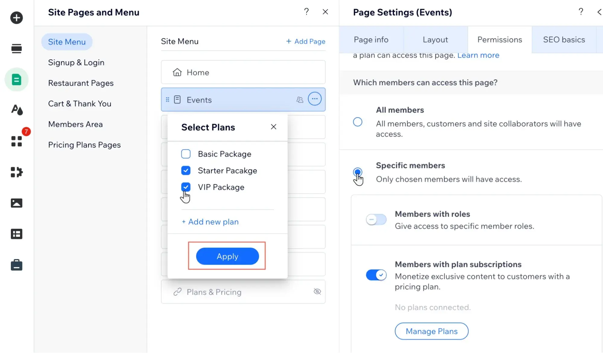 wix dashboard membership plans settings
