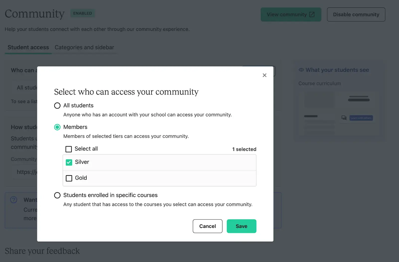 teachable settings “select who can access your community”
