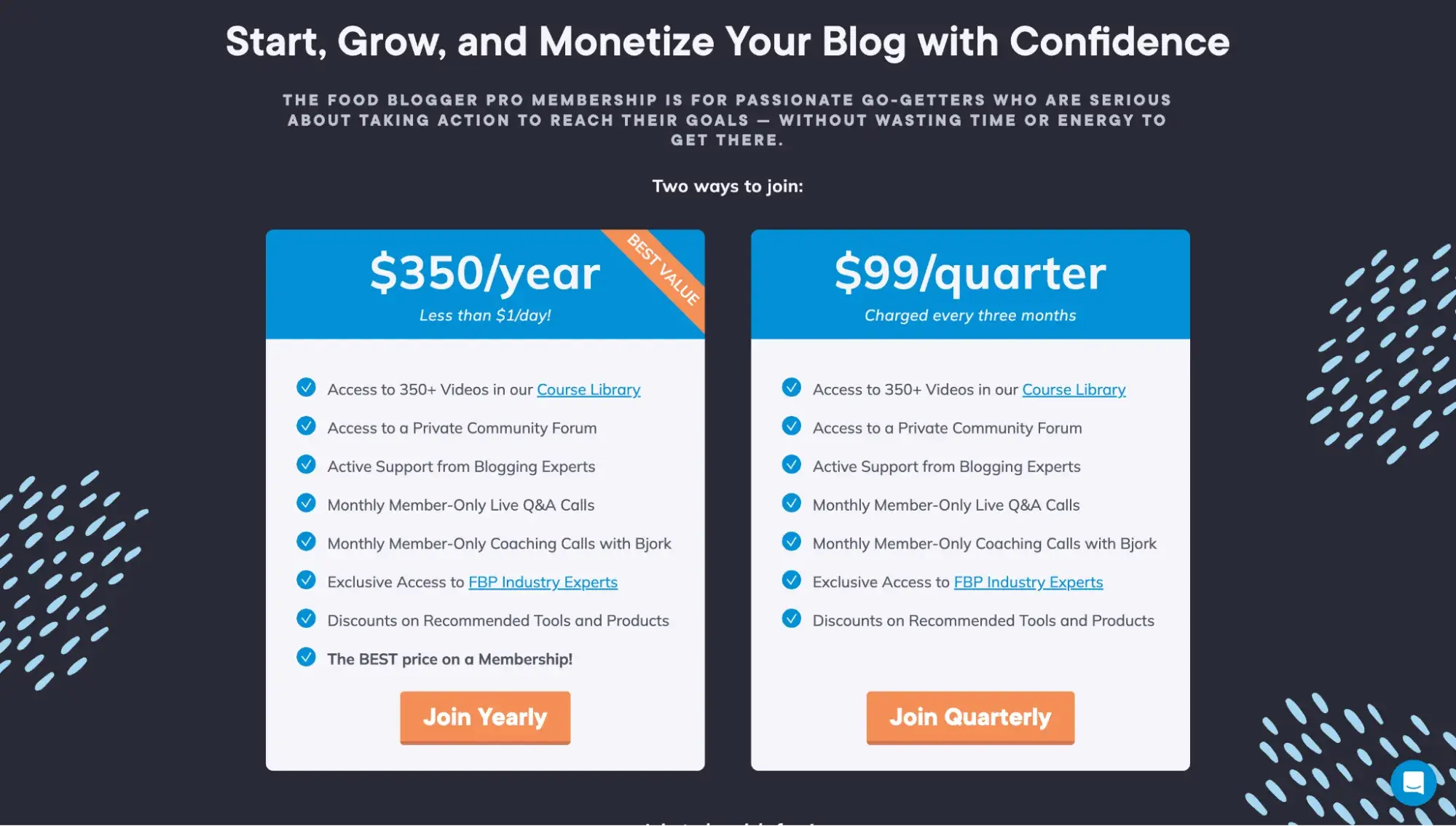 membership website example: food blogger pro membership tiers