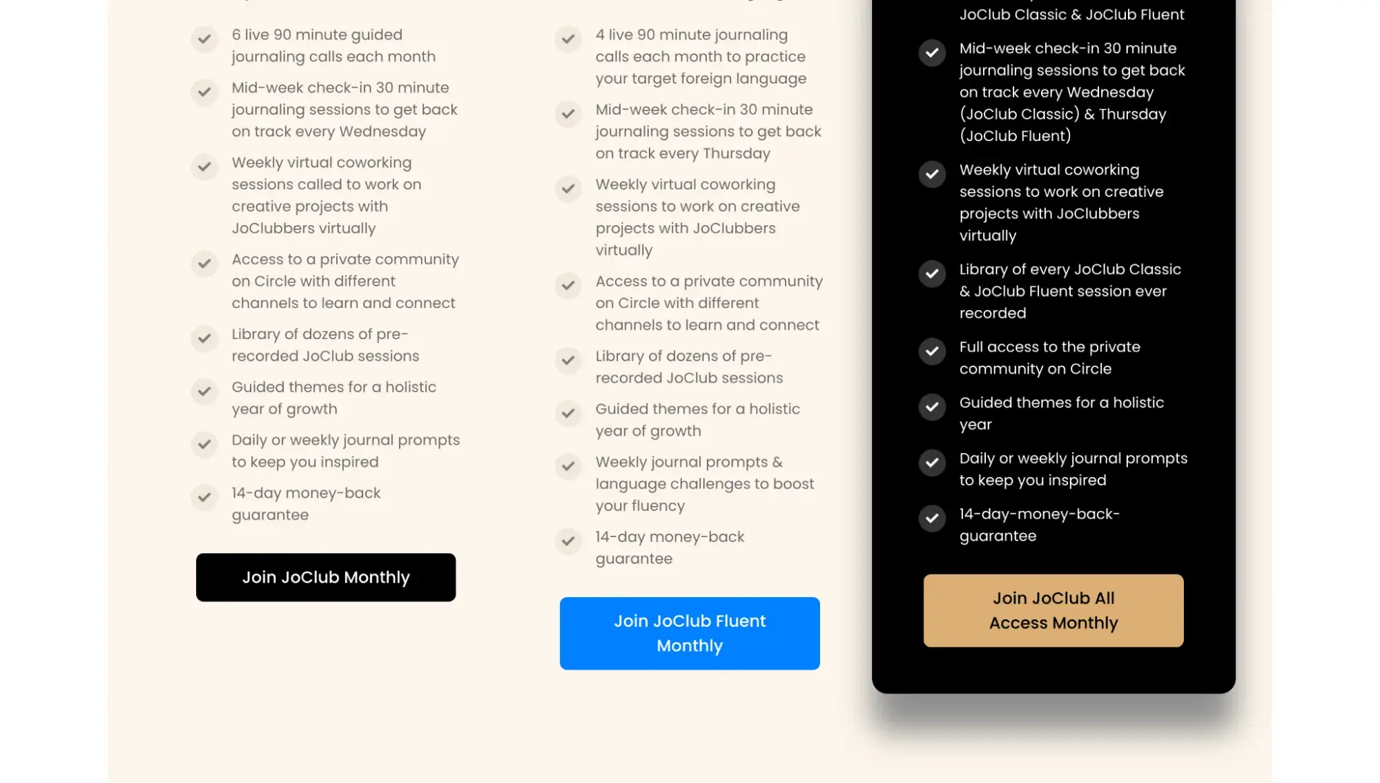 membership website example: joclub membership tiers