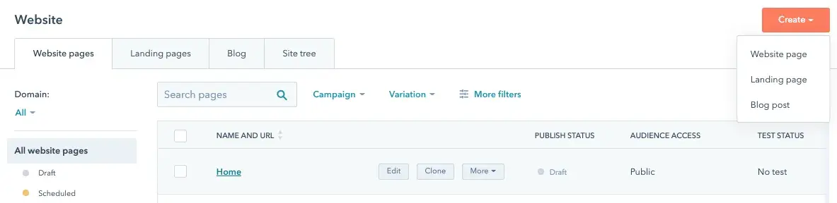 Create a website page, landing page, or blog post in the Website Pages tab.
