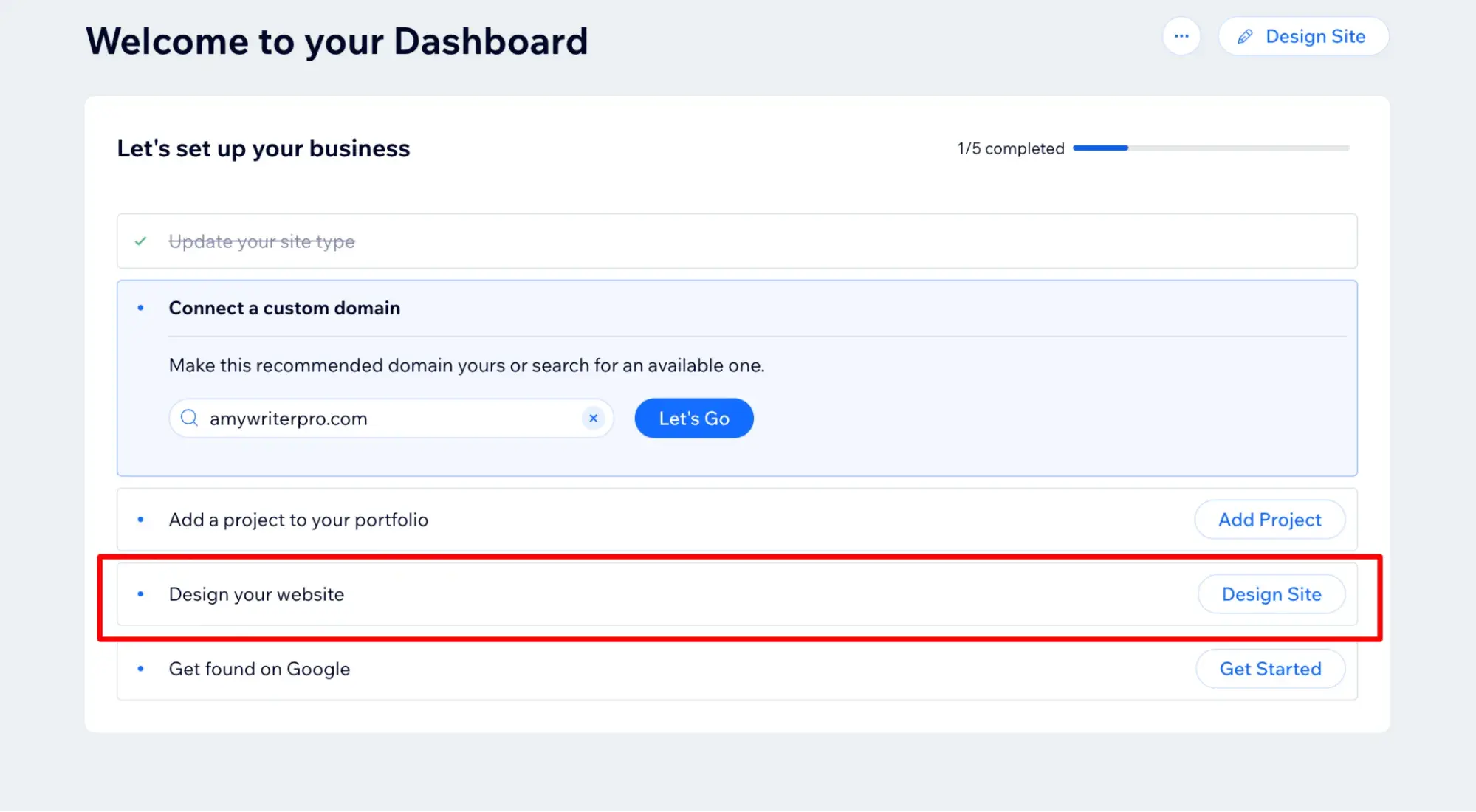 wix dashboard with the option to select design your website