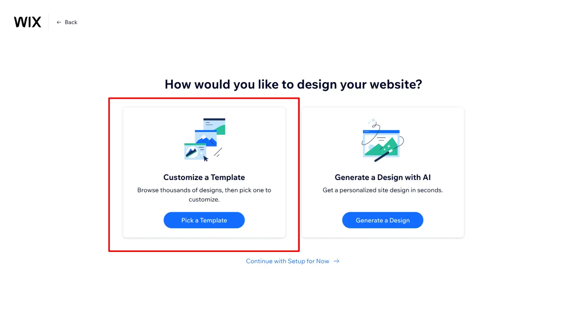 wix dashboard asks, how would you like to design your website? and has two options: customize a template or generate a design with ai