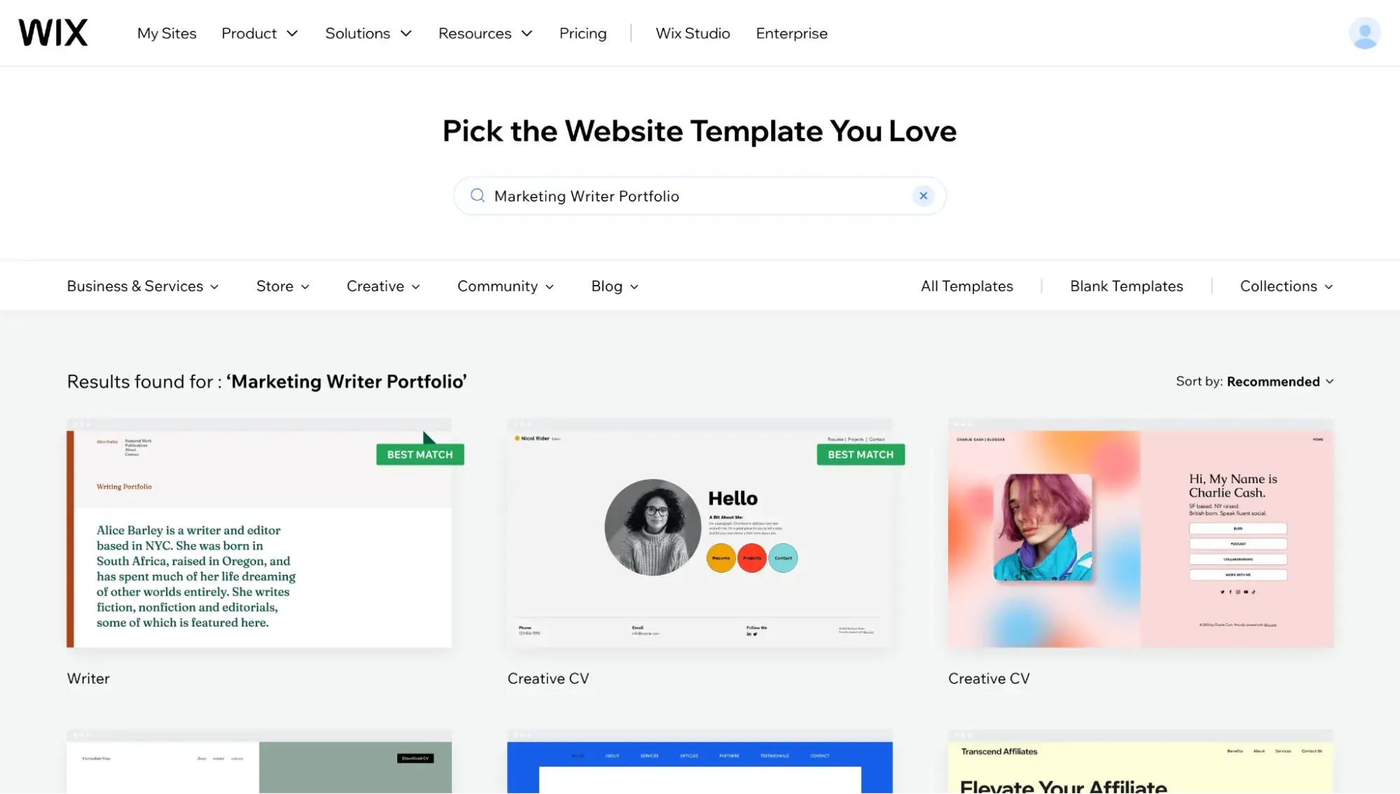 wix shows multiple website templates and has the headline, pick the website template you love