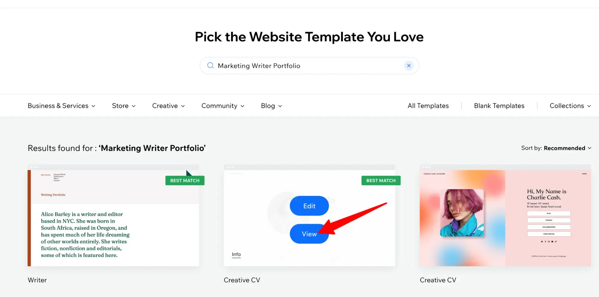 wix templates with an arrow pointing to the view button