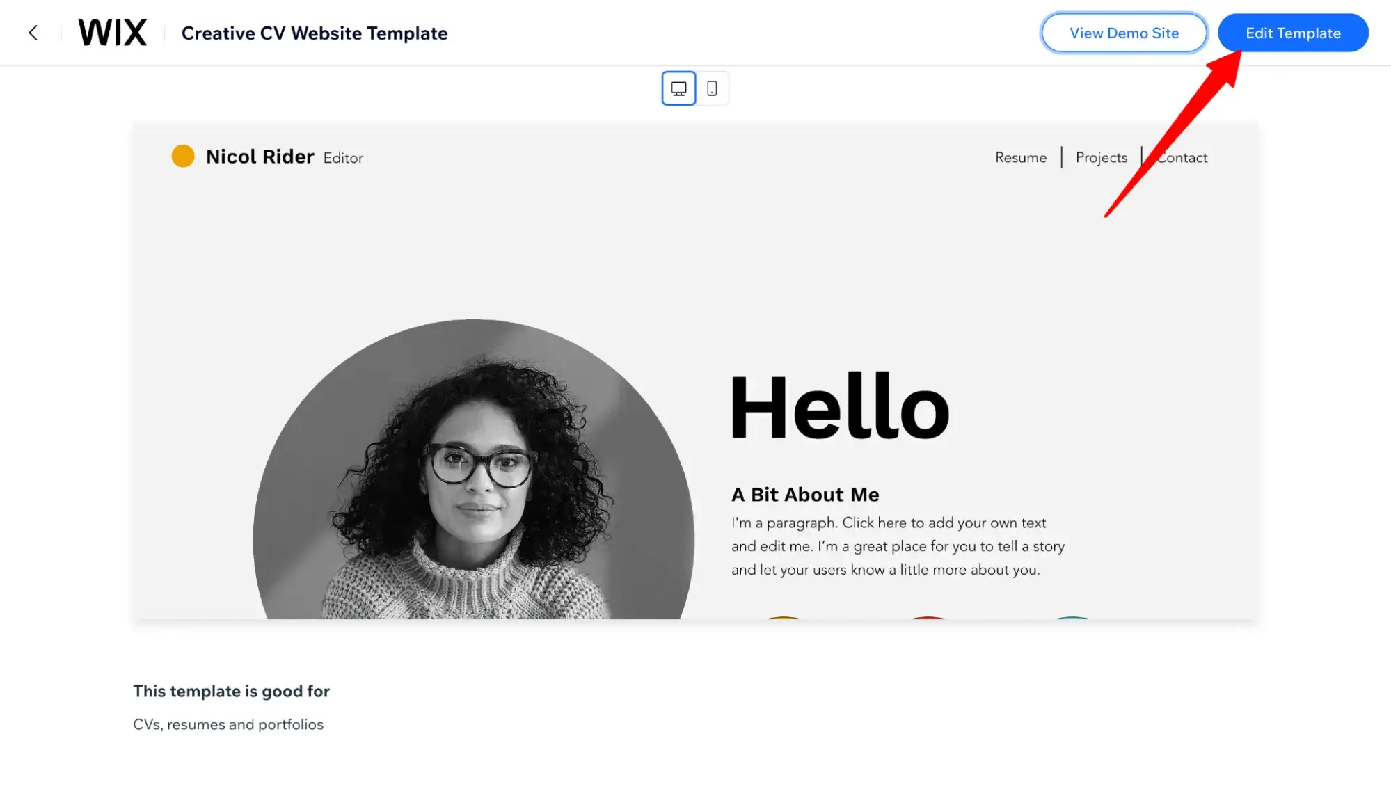 wix template preview with an arrow pointing to the edit template button