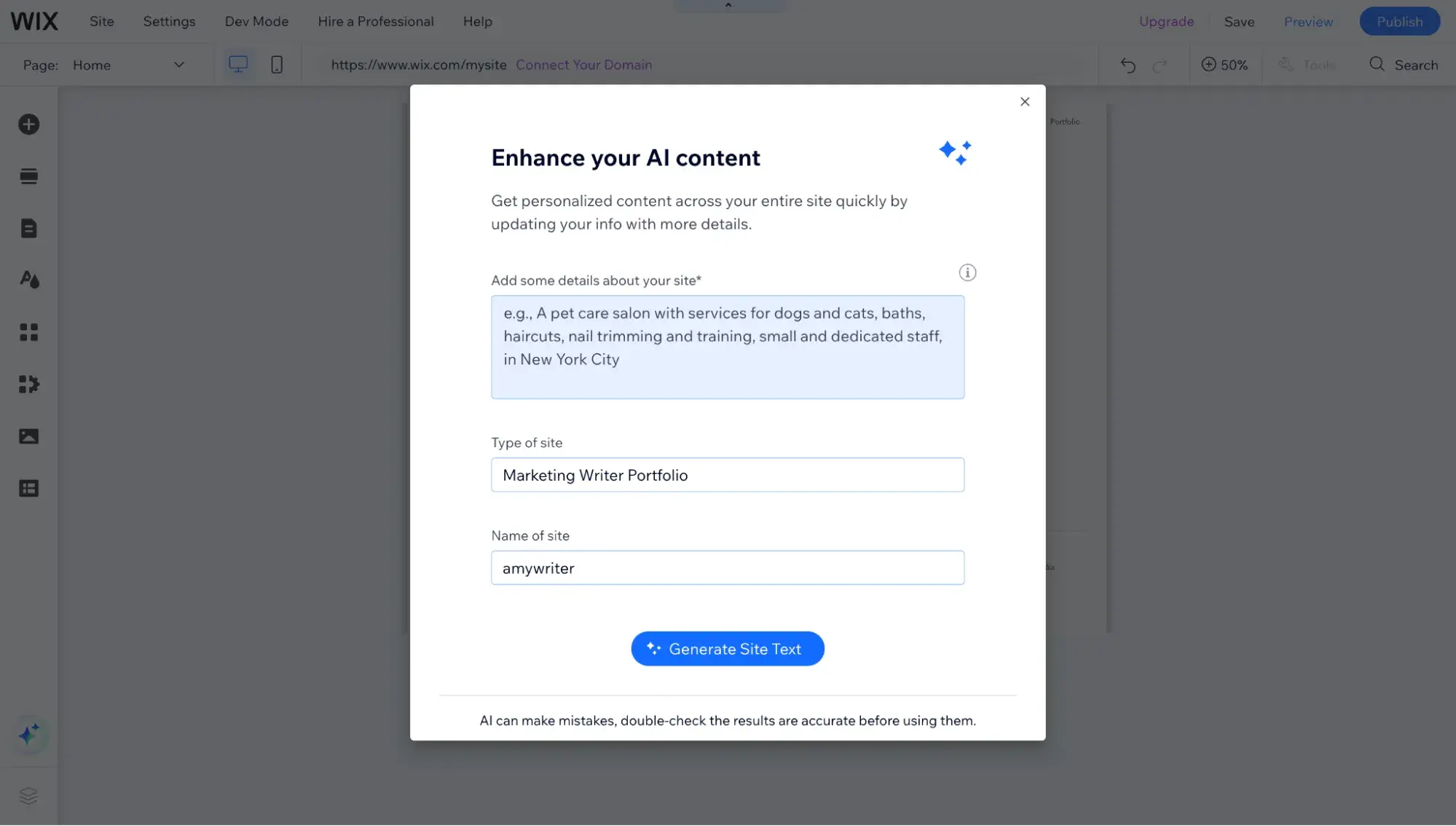 wix popup says, enhance your ai content