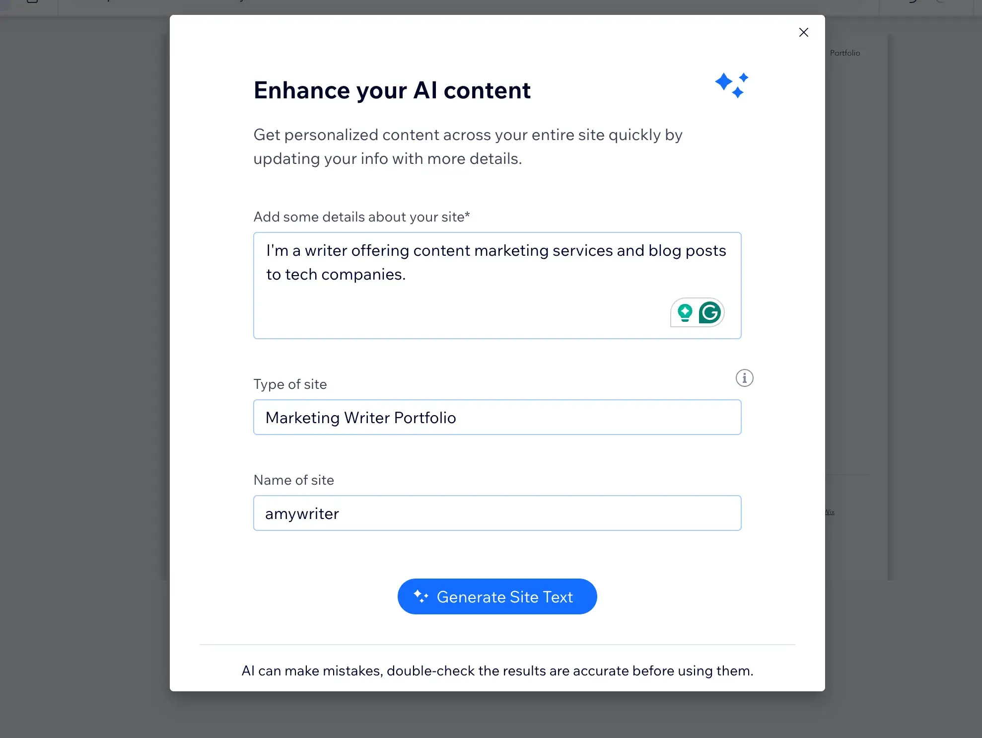 wix popup for ai text generation with the following input: im a writer offering content marketing services and blog posts to tech companies.