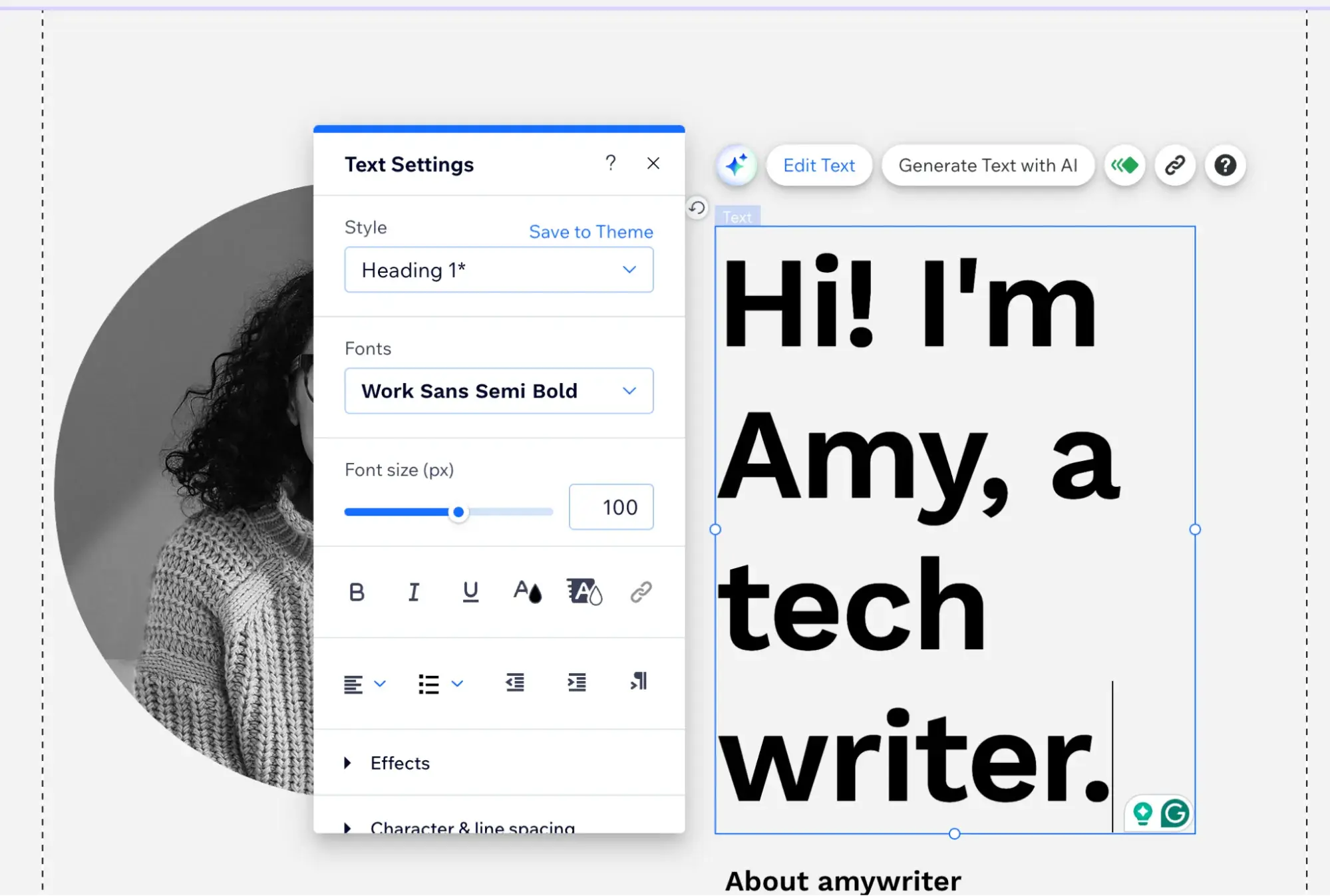 wix website editor shows a headline being edited