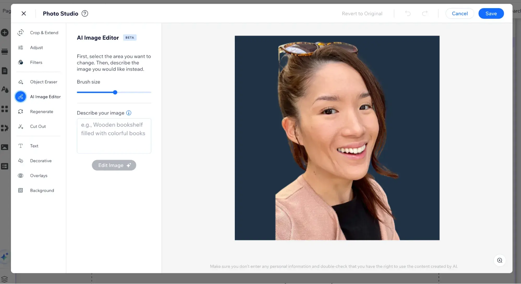 wix photo studio ai image editor with a photo of a woman with sunglasses on her head
