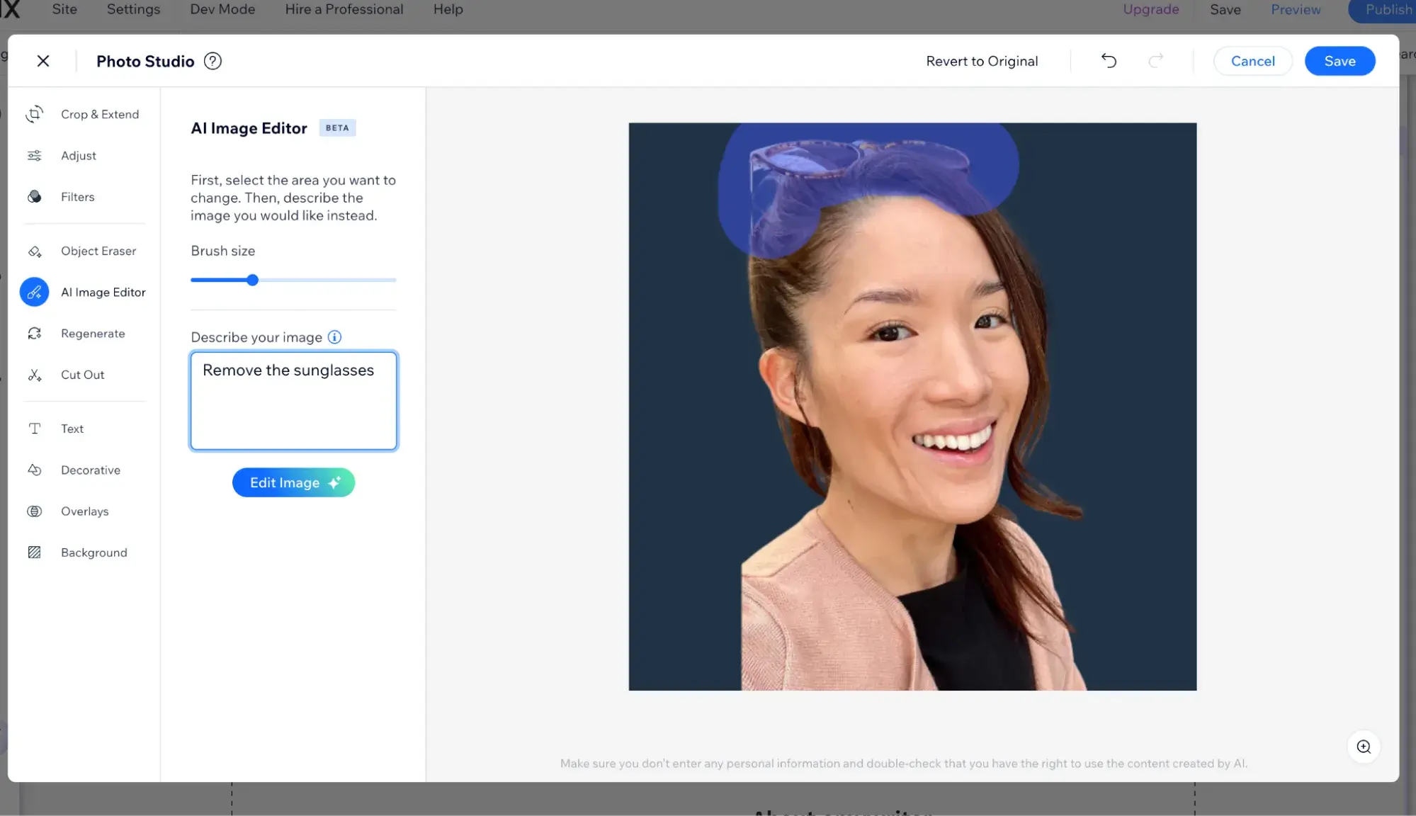 wix photo studio ai image editor with the prompt: remove the sunglasses